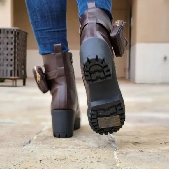 Brown Women’s Lace Up Heeled Ankle Boots Lug Sole Detachable Pouch - Picture 4 of 6